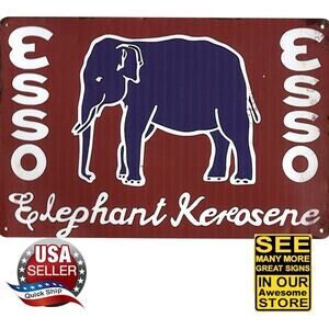 Metal Tin Petroliana Sign • Esso (Blue) Elephant Kerosene • 12in x 8in